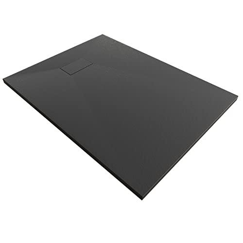 Plato de Ducha 120X90 cm Negro RAL 7021 RESINA SMC Extraplano - Antideslizante TEXTURA PIZARRA - Resistente Duradero Fácil Limpiar - Incluye Válvula desagüe + Rejilla