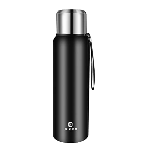 Termo de acero inoxidable aislado al vacío de 1500 ml, con tapa de taza, termo de agua de acero inoxidable, a prueba de fugas, mantiene el café caliente y frío (negro, 1500 ml)