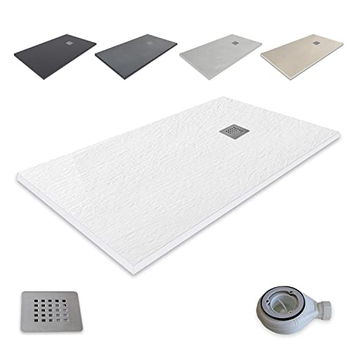 Plato de Ducha Resina Extraplano outletaseo – NEGRO RAL-9005- Todas las medidas disponibles - Antideslizante Textura Pizarra - Incluye Válvula desagüe+Rejilla (120x70, Blanco RAL 9003)
