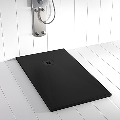 Shower Online Plato de ducha Resina PLES - 70x120 - Textura Pizarra - Antideslizante - Todas las medidas disponibles - Incluye Rejilla Color y Sifón - Negro RAL 9005