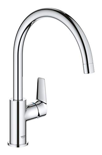 GROHE BauEdge - Grifo mezclador de cocina monomando (instalación monobloque, caño alto, área giratoria 360, cartucho de cerámica de 28 mm, colas de 3/8