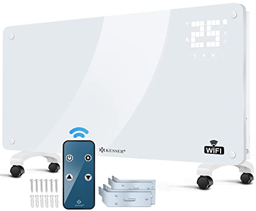 KESSER® Calentador de cristal con función WiFi y mando a distancia, calefacción eléctrica de pie o pared, pantalla táctil, pantalla LCD, temporizador, 2500 W, color blanco