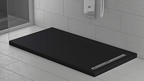 Essence ArredoBagno Plato ducha mármol resina efecto piedra topacio – Mineralmármol – Grosor 3 cm – Rejilla cromada de acero inoxidable – Color negro – 70 x 90
