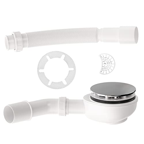 Set AQUABAD® para plato de ducha: juego de desagüe extraplano en cromo con Ø 90 mm + sifón curvo + tubo flexible