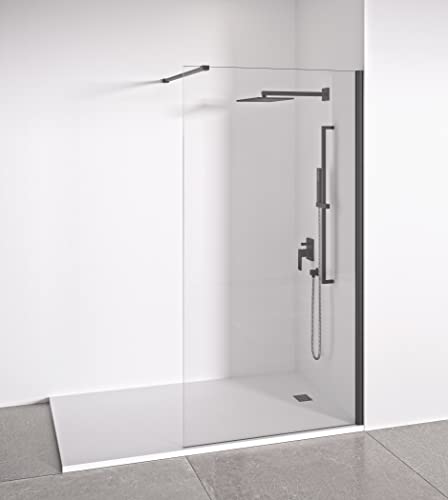 Mampara de ducha frontal panel fijo - Transparente - Cristal templado 8 mm Antical - Perfilería Negra Mate - Ancho 90 cm - Alto 195 cm