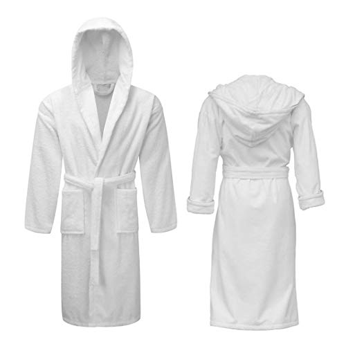 Albornoz unisex de lujo, 100% algodón, color blanco, toalla de rizo suave, con capucha, calidad de hotel, Blanco-L/XL, S