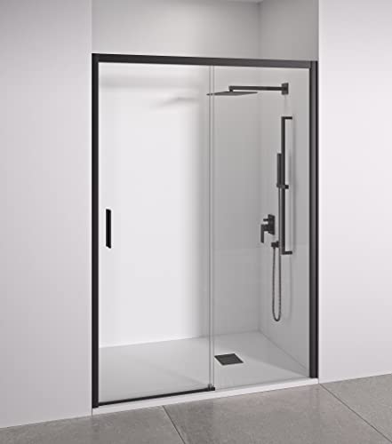 Mampara de ducha frontal 1 corredera + 1 fijo - sin perfilería inferior - Cristal transparente templado 6mm antical - Negro Mate - Ancho adaptable 115 a 120cm - Posición puerta izquierda - Alto 195cm