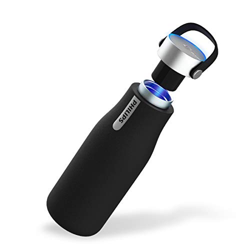 Philips Water GoZero - Botella de agua inteligente con aislamiento UV, de acero inoxidable, con asa de doble pared, limpieza automática, agua fría y caliente, sin BPA, color negro, 20 onzas