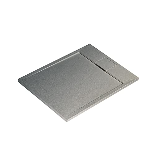 Ideal Standard - Ultra Flat S i.life, Plato de ducha rectangular 90x70 de resina, desagüe lateral corto, acabado mate efecto piedra, gris cemento