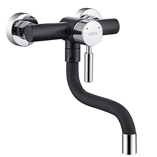 ONECE Grifo de Pared para Cocina Negro, Grifo Cocina de Fregadero en la Pared, Grifo Mezclador Monomando Giratorio a 360​°, Aireador Extraíble, Acero Inoxidable 304, Diseño de Silicona Anti Escaldado