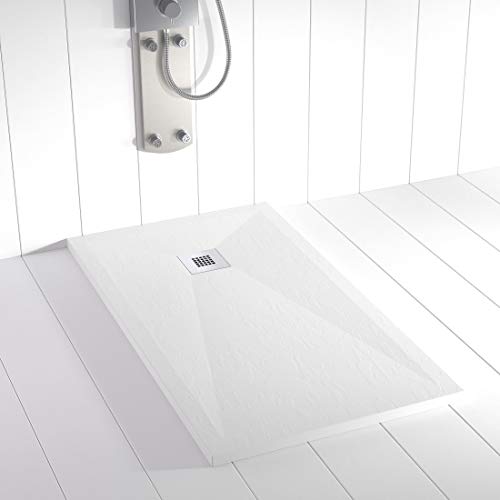 Shower Online Plato de ducha Resina PLES - 70x160 - Textura Pizarra - Antideslizante - Todas las medidas disponibles - Incluye Rejilla Color y Sifón - Blanco RAL 9003