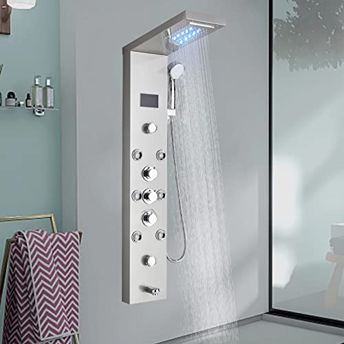 fyheast Columna de ducha hidromasaje, columna de ducha de acero inoxidable, con 8 chorros de masaje con pantalla LCD de la temperatura, sistema de ducha de pared, cepillado