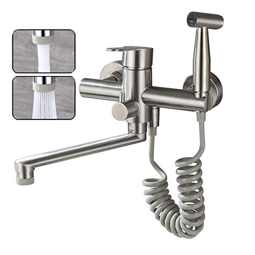 Grifo Cocina Pared Con Pistola Grifo De Cocina Para Fregadero Níquel Cepillado Montado En La Pared Giratorio Trefilado De Acero Inoxidable 304 De Grado Alimenticio Grifo Pared (Two modes Spout)