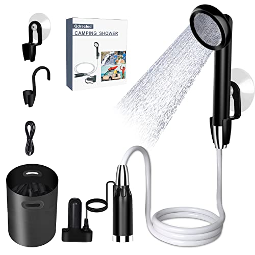 Qdreclod Portátil Ducha de Camping con 2200mAh Recargable Batería, Cable USB, Bomba de Agua, Manguera de 1.8m, Ventosas y Ganchos, Ducha Exterior para Acampar, Caminar, Viajar, Jardín (Negro)