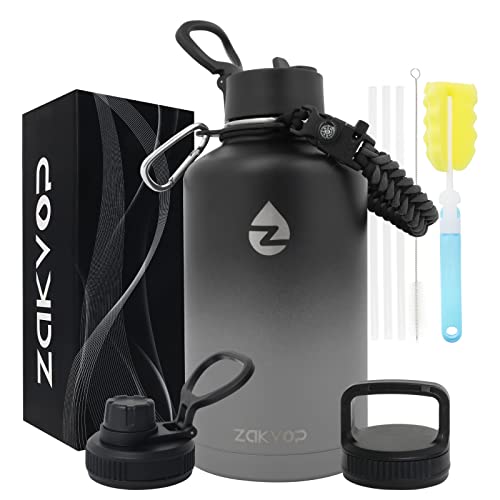 ZAKVOP Botella Termica 2 Litros, Botella Agua Acero Inoxidable con Pajitas y 3 Tapas, Termo Agua de Doble Pared con Asa de Paracord, Botella de Agua Termica a Prueba de Fugas, Botella Agua Gym