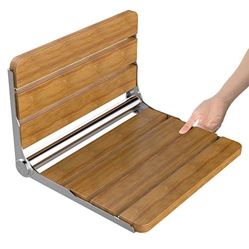 Heuffe Asiento Ducha Plegable Pared Montada, Silla Abatible Ducha Montado en la Pared ，Taburete Baño Banqueta Ducha para Personas Mayores Minusvalidos Adultos（Madera de Roble Maciza）