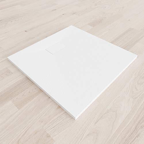 Plato de Ducha 90X90 cm Blanco RAL 9016 RESINA SMC Extraplano - Antideslizante TEXTURA PIZARRA - Resistente Duradero Fácil Limpiar - Incluye Válvula desagüe + Rejilla