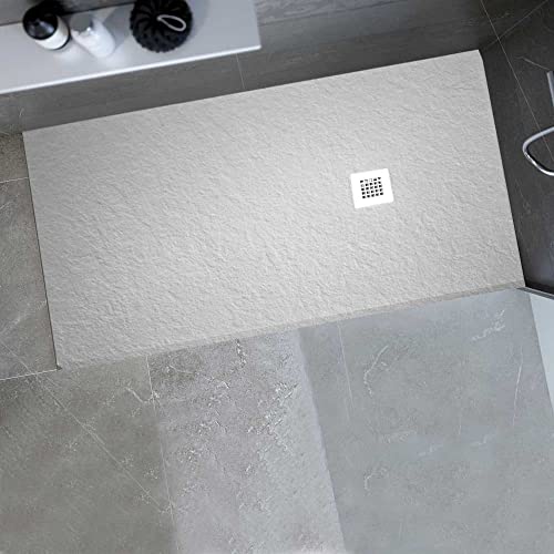 Gresinex® - Plato de Ducha en Resina y Cargas Minerales Aligeradas- Blanco Ral 9003 - NUEVA TEXTURA PIZARRA - Antideslizante Grado 3 - (90x140)