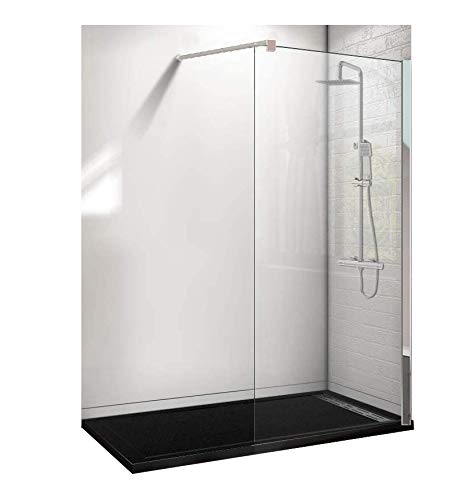 Conjunto de 3 PIEZAS: Plato de ducha de resina 180x70 Negro+ Panel fijo de cristal 90 cm+ Conjunto de ducha termostático