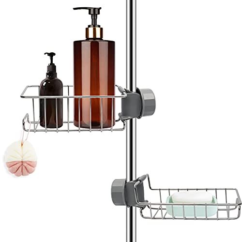 Rodivor 2 Estanteria Ducha sin Taladro, Estantería Baño Acero Inoxidable, Estante Ducha sin Tornillos Ajustable Doble Cesta Ducha sin Taladrar Apto para Barra de Ducha de 18 – 27 mm