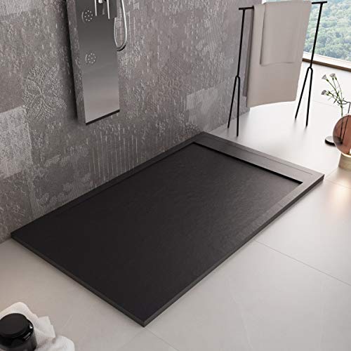 Luminosa ArredoBagno Plato de ducha de resina de 170 x 80 cm – Efecto piedra antideslizante con gel – Modelo Luxury negro – Parrilla de color liso y desagüe incluidos