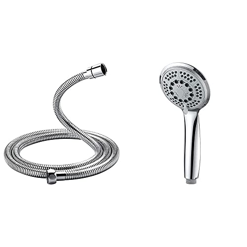 GRIFEMA G851-20 Manguera Ducha, 2.0 m, Flexo de Acero, Plata, 2.0M + Alcachofa de ducha, ducha mano Grande, 5 chorros, 100 mm, Cromo [Exclusivo en Amazon]