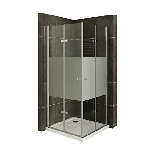 Mamparas de Ducha EMMA #99-75x75x180cm Cabina de Ducha Cuadrada con Apertura de Puerta Plegable, Perfiles de Aluminio Cromo y Vidrio Parcialmente Satinado de Seguridad 6MM