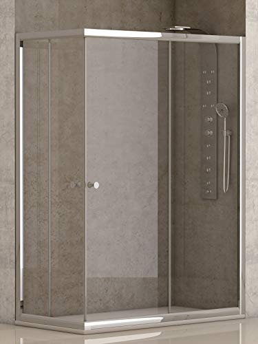 Mampara de Ducha Angular con dos Hojas Fijas y dos Correderas con Cristal Templado y Perfil Cromado Efecto Plata 80x120 (Adaptable 79-80cm a 119-120cm)