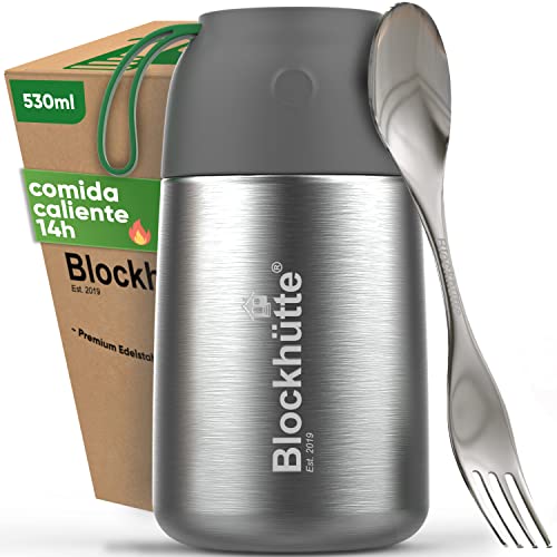 Blockhuette Termo para comida caliente de acero inoxidable I 530ml I Con cepillo y tenedor - cucharaI Fiambrera termica para adultos y niños I Termo solidos para papillas y muesli I Recipiente termico