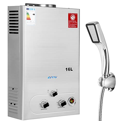 BreeRainz 16LPM Calentador de Agua de Gas,32KW Calentador de Agua de Gas GLP Propano Butano con Cabezal de Ducha,para el Hogar,Vehículos Recreativos y Exteriores