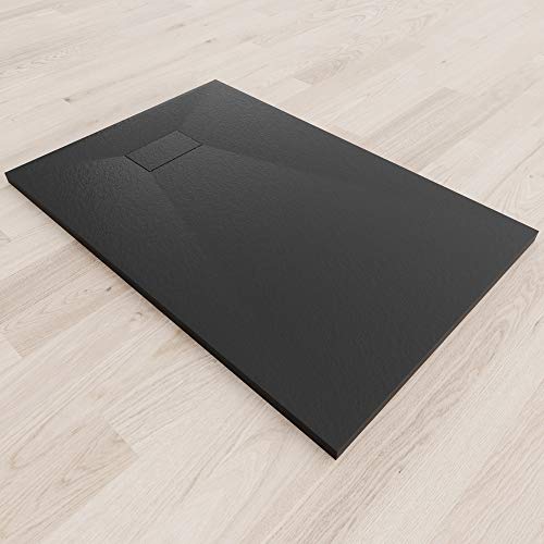 Plato de Ducha 120X80 cm Negro RAL 7021 RESINA SMC Extraplano - Antideslizante TEXTURA PIZARRA - Resistente Duradero Fácil Limpiar - Incluye Válvula desagüe + Rejilla