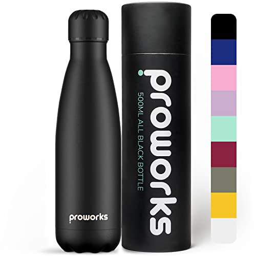 Proworks Botellas de Agua Deportiva de Acero Inoxidable | Cantimplora Termo con Doble Aislamiento para 12 Horas de Bebida Caliente y 24 Horas de Bebida Fría - Libre de BPA - 1.5L – Todo Negro