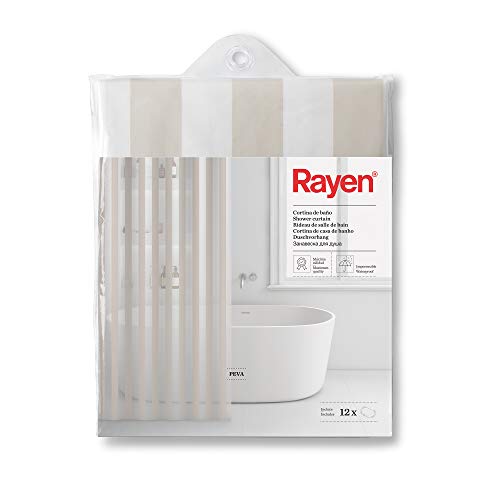 Rayen | Cortinas de baño | Cortina para Ducha o Bañera | Impermeable | PVA | Translúcido | Argollas PVC | Incluye 12 Ganchos | 180 x 200 cm | Rayas Beige y Transparentes