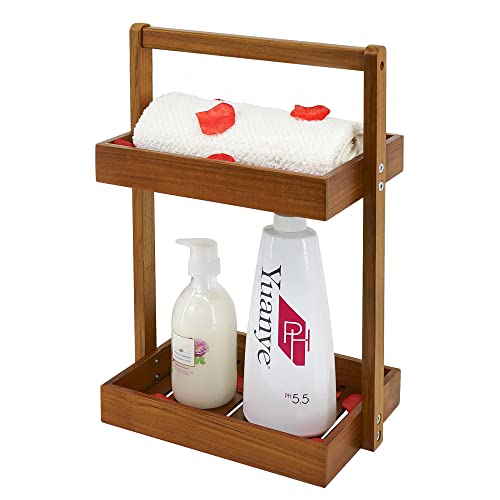 Utoplike Esquina de ducha de madera de teca, organizador de baño de 2 niveles, estante de ducha de pie con asa, cesta de ducha de pie para champú, estante para ducha interior, escritorio de cocina
