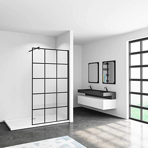 80x200cm Mamparas de ducha pantalla panel fijo estilo industrial negro Mate con cuadrados cristal antical 8mm con Barra2 90cm