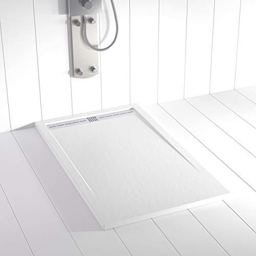 Plato de ducha Resina Shower Online FLOW - 90x130 - Textura Pizarra-Antideslizante - Blanco RAL 9003 - Incluye Rejilla Inox y Sifón - Todas las medidas disponibles