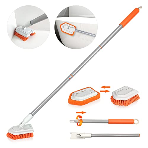 Cepillo de Limpieza de Ducha 2 en 1 Cepillo Limpiador Baño para Bañera y Azulejos con Mango Telescópico, JEHONN Cerdas Rígidas Desmontables y Cabezal de Esponja para Piso, Cocina