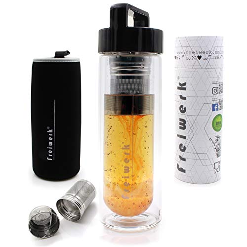 freiwerk® té termo botella fabricante tamiz tetera infusor vidrio doble pared libre de BPA neopreno negro tapa negra 400ml