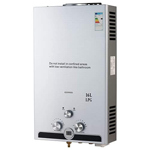 CO-Z 16L Calentador de Agua Butano Calentador de Agua LPG Instantáneo, Certificado CE, Calentador de Agua de Gas Licuado de Petróleo sin Tanque