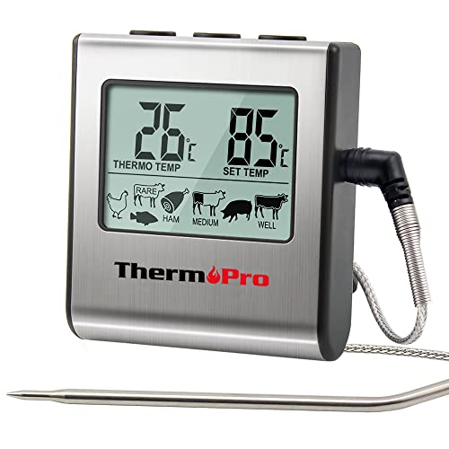 ThermoPro TP16 Termómetro digital de Cocina Carne Alimento para Barbacoa Horno Leche Parrilla con Temporizador y Alarma, la Sonda de Acero inoxidable