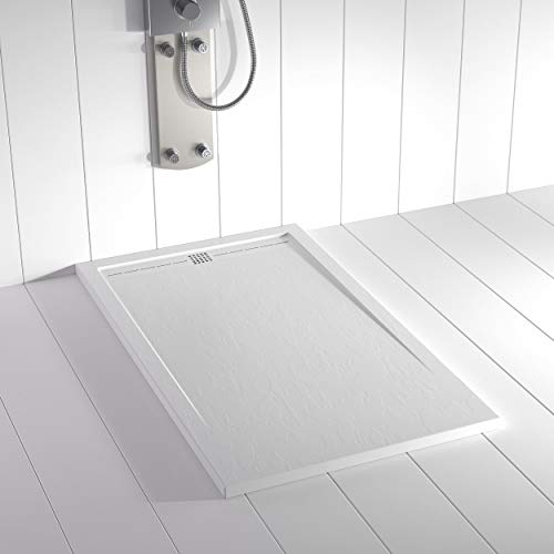 Shower Online Plato de ducha Resina FLOW - 80x120 - Textura Pizarra - Antideslizante - Todas las medidas disponibles - Incluye Rejilla Color Blanco y Sifón - Blanco RAL 9003