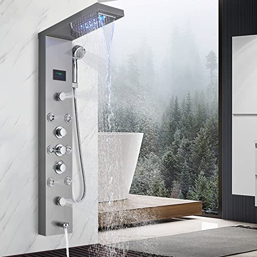 JUNSHENG Columna Ducha Hidromasaje LED 5 Salida de Agua LCD Pantalla Acero Inoxidable Columna de Ducha con Cabezal Ducha y Ducha de Mano,Níquel cepillado