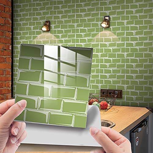 Hiser 25 Piezas Mármol Adhesivos Decorativos Azulejos Pegatinas para Baldosas del Baño/Cocina Mármol Impresión de Mosaico - Clásico Resistente al Agua Pegatina de Pared (Verde Oliva,10x10cm)