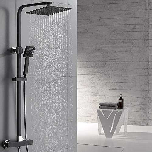 Sistema de ducha Auralum con grifo monomando termostático | Juego de ducha que incluye columna de ducha ajustable, ducha de cabeza de 10 pulgadas, ducha de lluvia para el baño | Negro
