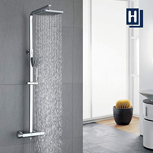 HOMELODY Sistema de ducha con termostato para ducha de lluvia, rectangular, juego de ducha con ducha de mano ABS, alcachofa de lluvia, 19,7 x 19,7 cm, barra de ducha de acero inoxidable