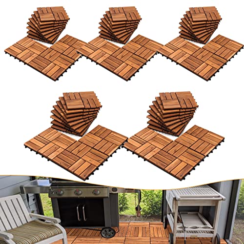 Joparri Baldosas de madera de acacia para suelo, 55 unidades, 30 x 30 cm, 5 m², sistema de ensamblaje, resistentes a la intemperie, recortables, fáciles de colocar, para patio, balcón y jardín, marrón