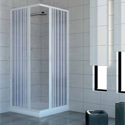 Mampara de ducha de dos puertas con cierre de ángulo de 90º Producto de PVC no tóxico autoextinguible. Se puede reducir en tamaño mediante el corte del carril. Color blanco.