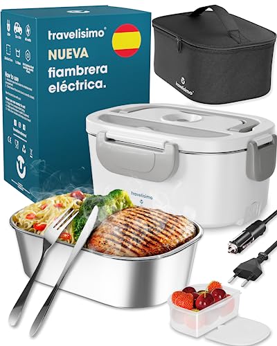 TRAVELISIMO Fiambrera Electrica 3 en 1 80W para Coche Camión y Trabajo 220V+12V, Calienta Comida en Minutos, Fiambrera Termica Termo Comida Caliente Acero Inoxidable 1.5L, Tartera Eléctrica Portatil