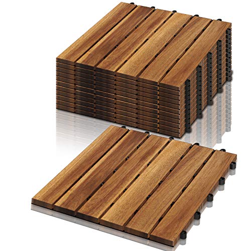 VINGO Baldosas de madera en acacia, Set de 22 Decking Tiles Interiores y Exteriores, Entrelazadas, suelo con estructura de drenaje, para Patio Balcón Terraza Jardín(Model B | 2m²)