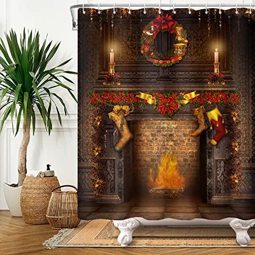 SDOTPMT 180x213cm Navidad Chimenea Cortina de Ducha Feliz Navidad Exquisito Medias Regalo Cortina de baño Antiguo Marrón Ladrillo Muro Feriado Cortina bañera para Baño Poliéster con Ganchos
